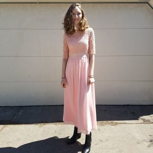 Long Lace Blush Pearl Pink Bridesmaids dress